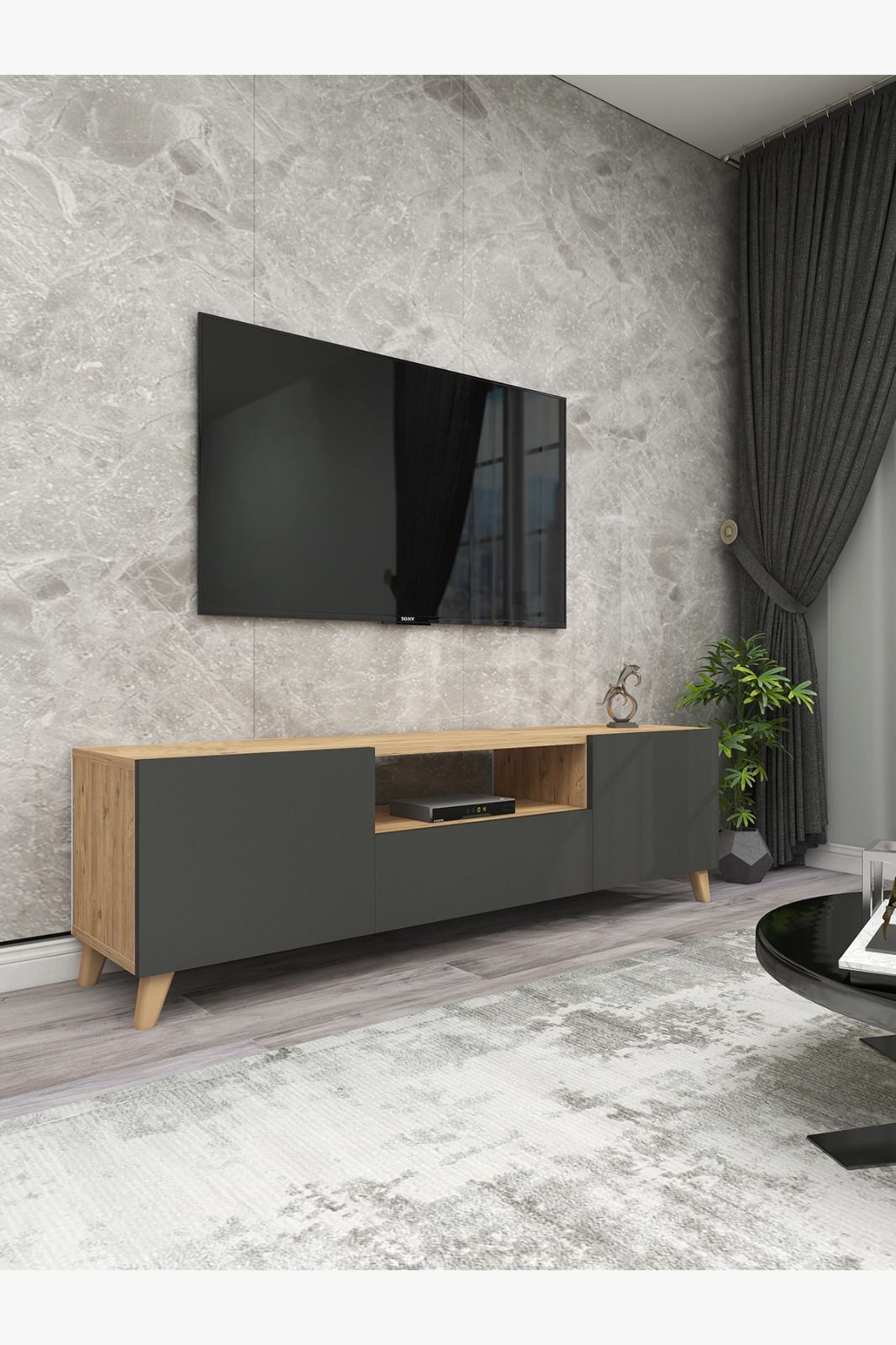 47229592-21a2-4227-baf3-a12b9ceaab1d.jpeg طاولة تلفزيون بغطاء منسدل - باللون الرصاصي والخشبي - الصورة 1