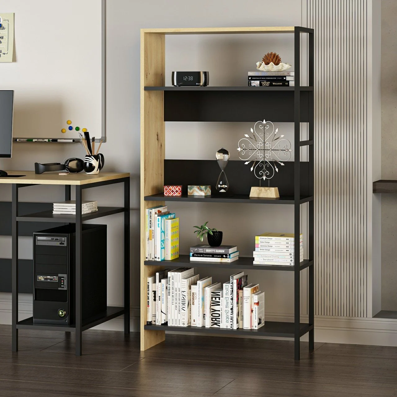 8681285978783-1-1.webp خزانة كتب موديل Tiran باللون الأسود والخشبي - الصورة 1